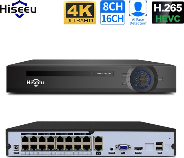 Hiseeu 4K 16CH POE NVR Onvif H.265 Video Recorder für IP Kameras in Schwarz - Bild 1
