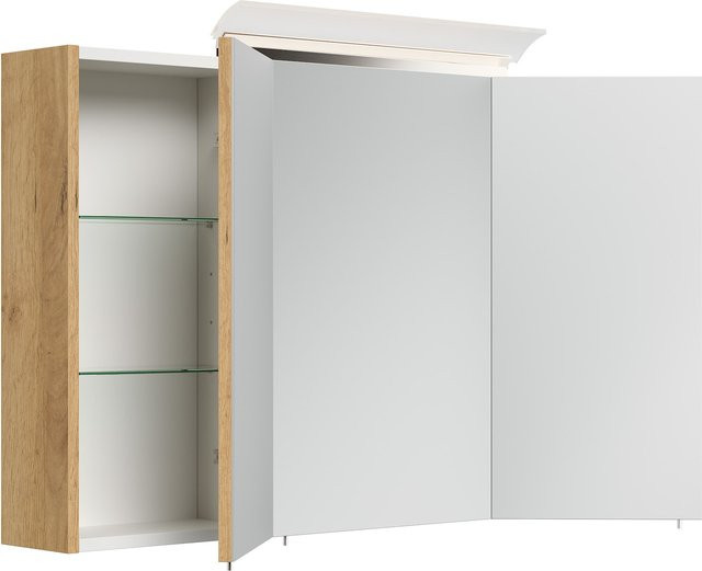 Posseik Spiegelschrank in Eiche Gold mit LED-Beleuchtung, Glasböden und SoftClose-Türen, Breite: 100 cm - Bild 1