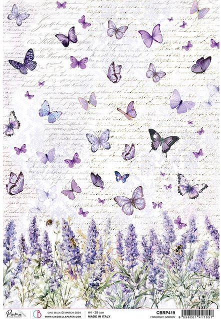Motiv-Strohseide Ciao Bella Morning Provence Lavendel und Schmetterlinge in Violett und Multicolour, Format A4 - Bild 1