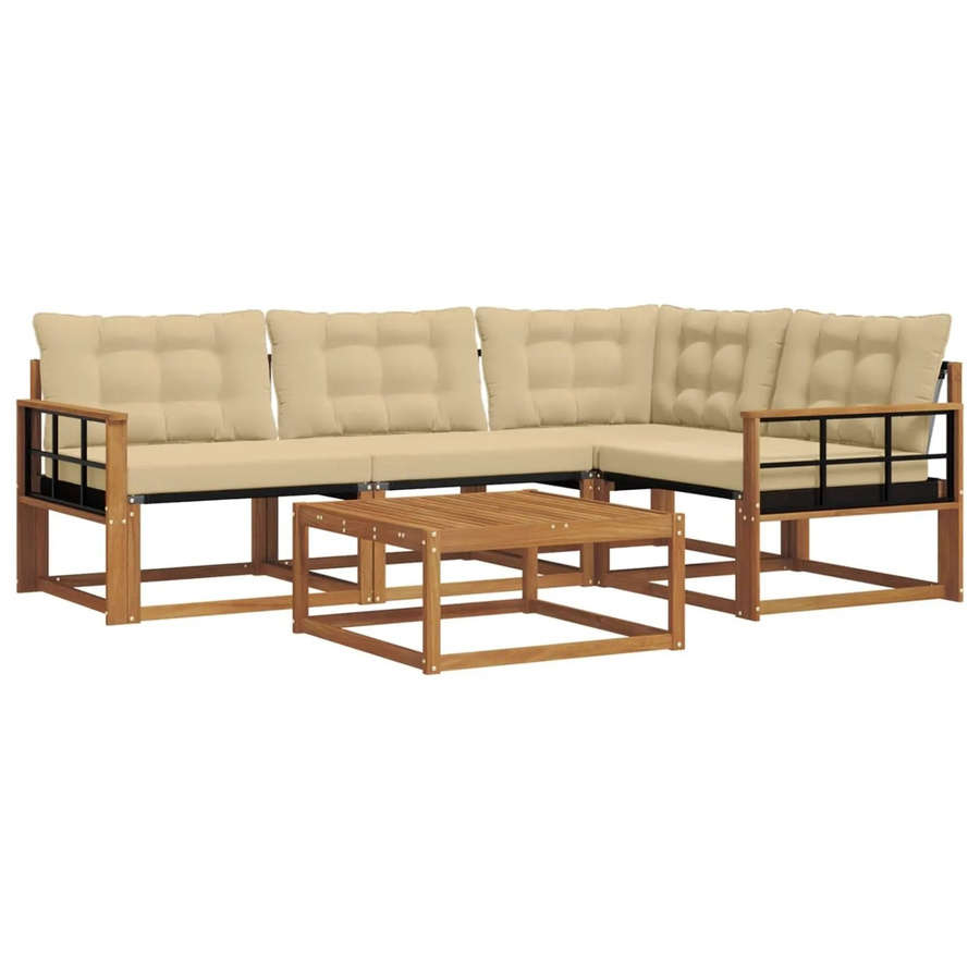 vidaXL Outdoor-Sofagarnitur 5-teilig in L-Form aus Akazienholz mit Textilene und Kissen in Natur-Beige - Bild 2