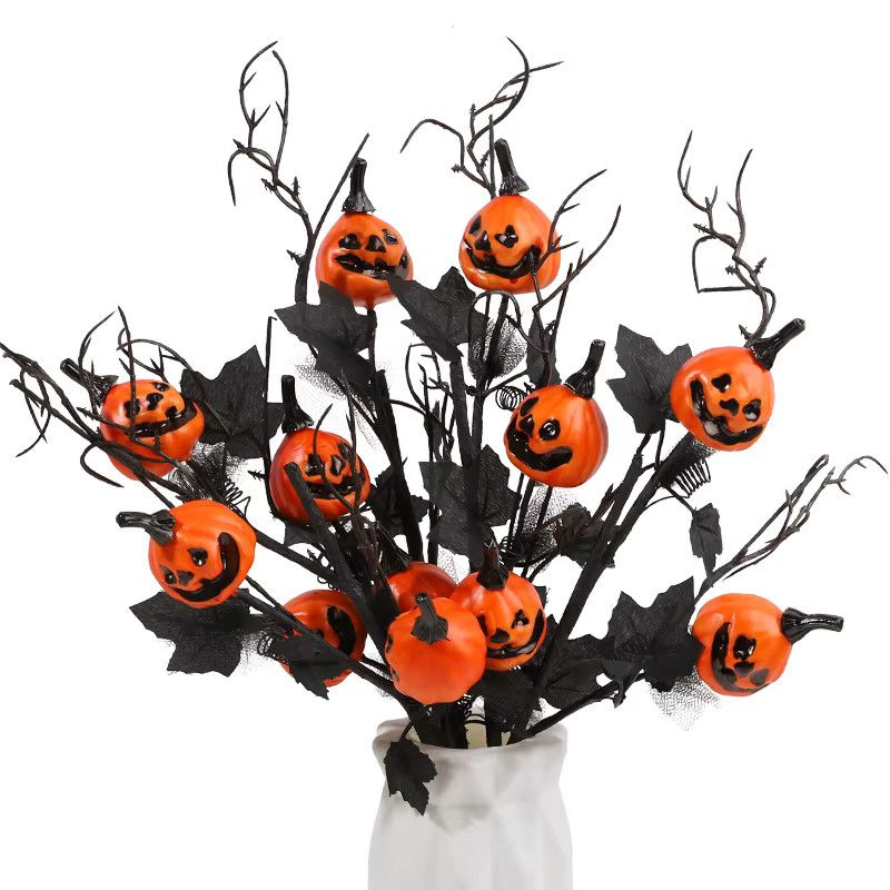 ZQNYCY Künstliche Halloween Dekoration mit Kürbis, schwarzen Ahornblättern und Blumenstielen in Schwarz und Orange - Bild 2
