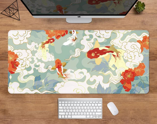 CSMY Japanisches Mauspad Koi Schreibtischunterlage in Gold und Blau, XXL Gaming Schreibtischunterlage mit Anime Ästhetik, B/T: 90 x 40 cm - Bild 1