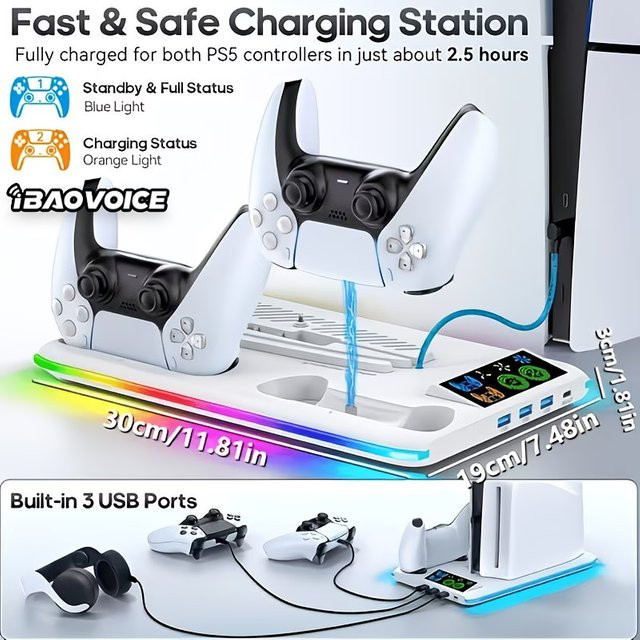 IBAOVOICE Multifunktionaler Kühlständer für PS5, PS5 Slim und PS5 Pro in Weiß mit RGB-Beleuchtung, Dual-Controller-Ladestation, Kopfhörer-Aufhängung und 3-stufigem Kühlventilator - Bild 1
