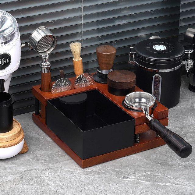 Muvna Espresso-Klopfbox und Stampfstation in Braun mit Holzoptik, passend für 51 mm, 54 mm und 58 mm Siebträger - Bild 1