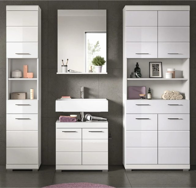 Inn.Furn Badmöbel Set Shawn 4-teilig in Weiß Hochglanz mit Waschtischunterschrank, Spiegelschrank und Hochschrank - Bild 1