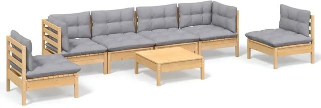 vidaXL 7-tlg Garten-Lounge-Set aus massivem Kiefernholz in Braun-Grau mit grauen Polstern - Bild 1