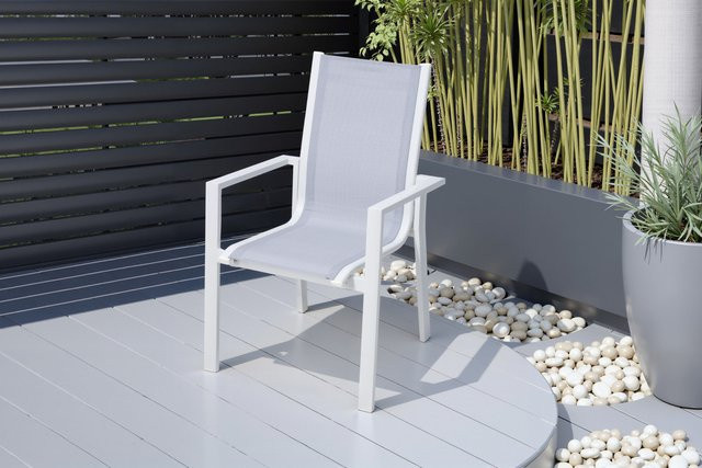 OUTFLEXX Stapelsessel aus pulverbeschichtetem Aluminium und Textilene in Beige/Weiß, wetterfest und modern für Garten, Balkon oder Terrasse - Bild 1