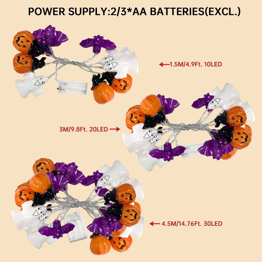 Peach Forest LED Halloween Lichterkette mit Geistern, Fledermäusen und Kürbissen für eine gruselige Atmosphäre, batteriebetrieben - Bild 5