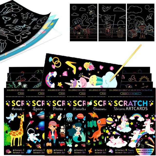Cartoon Kratzen Papier Regenbogen Magie Scratch Zeichnung Graffiti Karte Kit, 1-teiliges Set, Bunt / Mehrfarbig, ab 3 Jahre - Bild 1