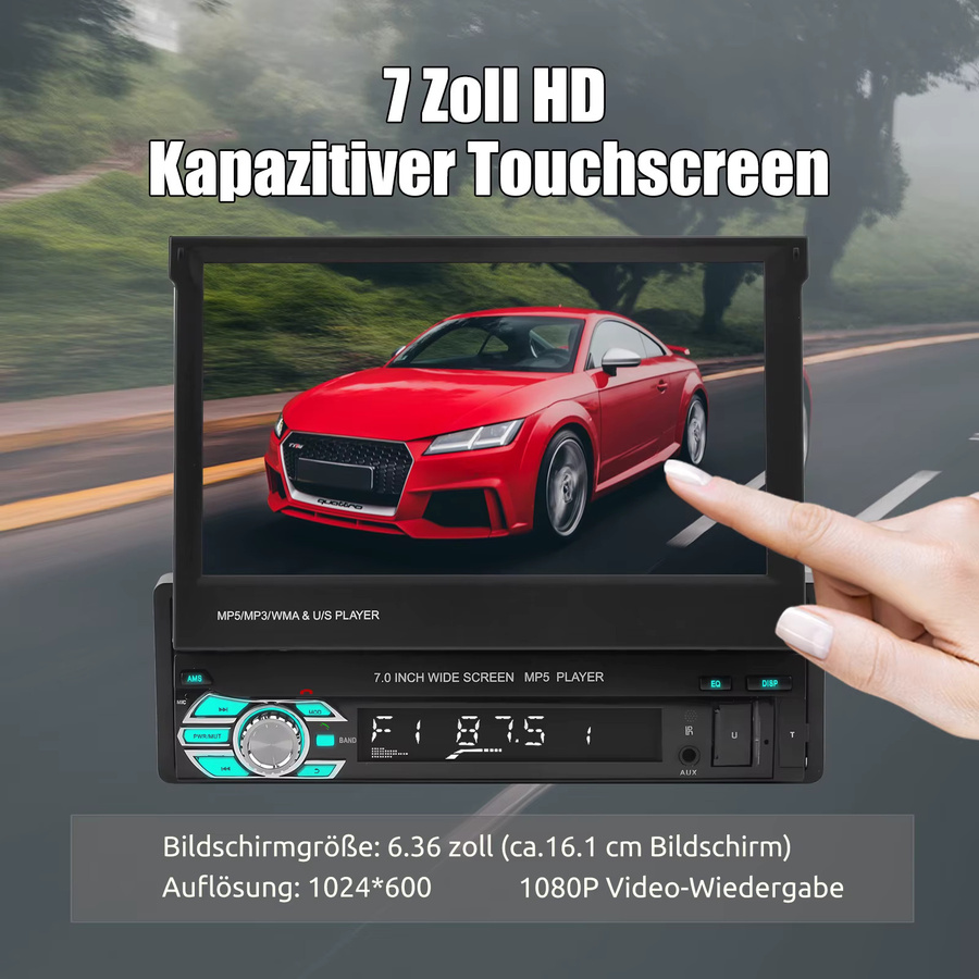 MOPECT Kabelloses 7 Zoll Autoradio mit CarPlay und Android Auto, 1 DIN MP5-Player mit ausziehbarem Touchscreen, WIFI und AUX-Eingang, Schwarz - Bild 4