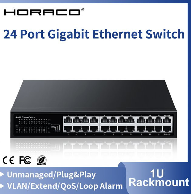 HORACO 24-Port Gigabit Ethernet Switch 1000Mbps Netzwerk-Hub mit VLAN, QoS und Loop-Alarm in Schwarz - Bild 1