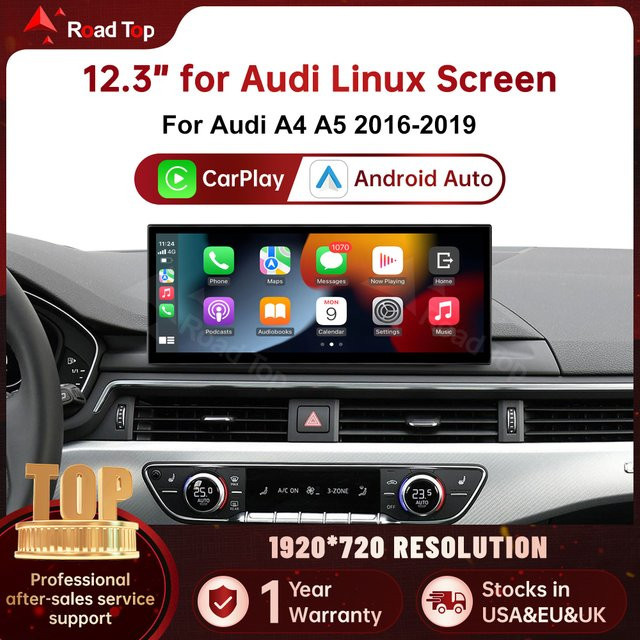 RoadTop 12,3 Zoll Wireless CarPlay Multimedia-Display mit Android Auto und Airplay für Audi A4 A5 2016-2019 MIB2, Schwarz - Bild 1