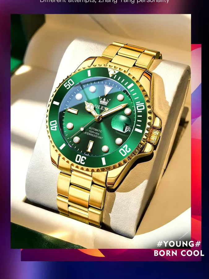 OLEVS Armbanduhr Automatik, Edelstahl, Bicolor, Grün, Herren - Bild 7