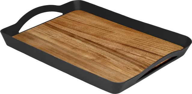SILVERCREST Serviertablett aus Akazie Holz in Braun mit Griffen aus Edelstahl, Rechteckig, Breite: 29,0 cm - Bild 1