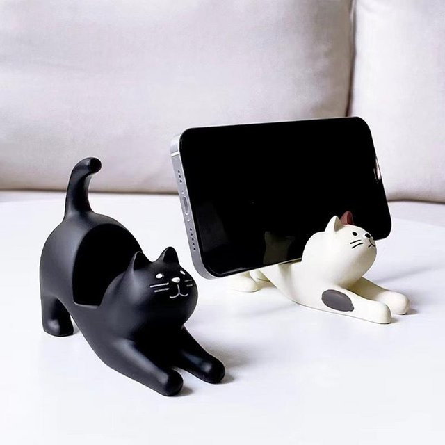 Niedlicher Katzen-Telefonhalter aus Kunstharz in Weiß als Schreibtisch-Dekoration für Katzenliebhaber - Bild 1