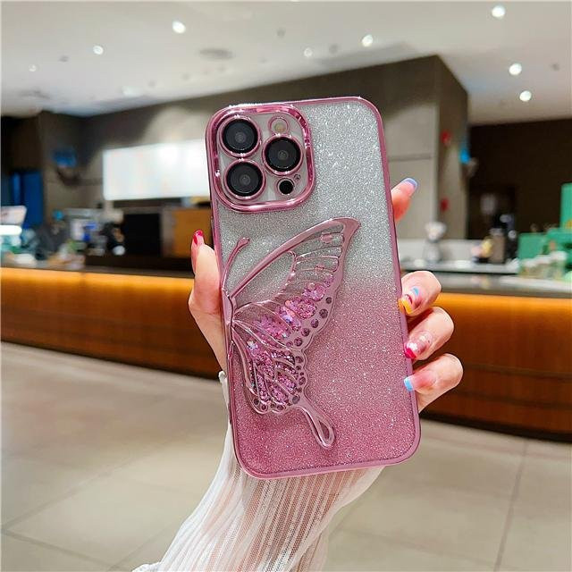 Yiran Bag Luxus Handyhülle mit Schmetterlings-Design und Vergoldung für iPhone 16 Pro Max, 15, 14, 13, 12, 11 Plus inkl. Objektivschutz in Gold, Transparent und Pink - Bild 1