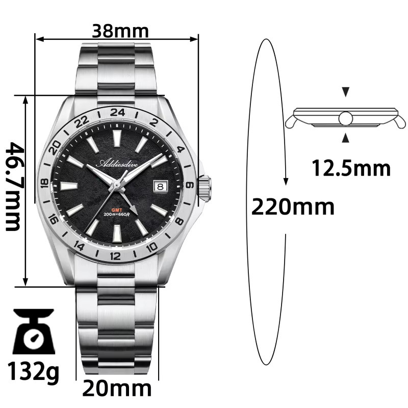 ADDIESDIVE GMT Quarz-Armbanduhr, Edelstahl, Saphirglas, Herren - Bild 5