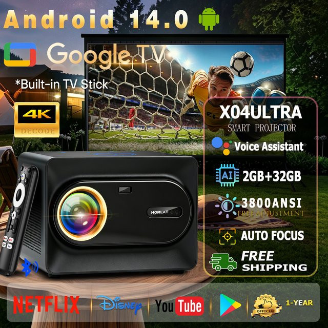 HORLAT Google TV Projektor 4K UHD Heimkino Beamer mit 3800 ANSI Lumen, 5G WiFi6, TOF Autofokus und Gaming-Funktion, Schwarz - Bild 1