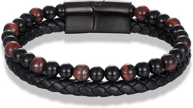 YULIN Armband Herren, Leder, Edelstahl, Schwarz, Perle, 23cm - Bild 1