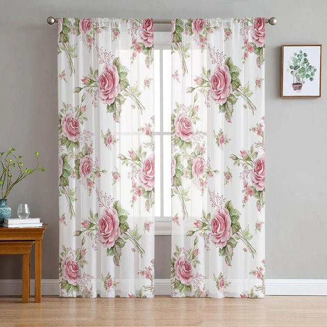 A Family Of Home Textiles Transparenter Tüll-Vorhang in Rosa mit floralem Design, Breite: 135 cm, Höhe: 160 cm - Bild 1