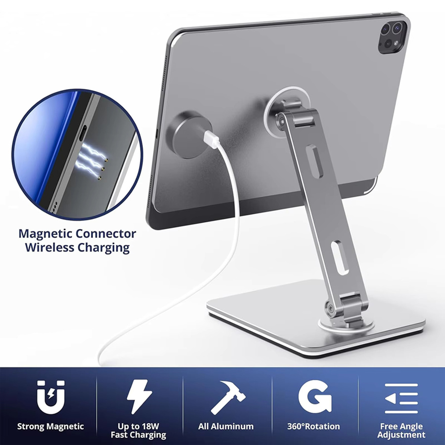 UNEW Magnetischer iPad-Ständer 360 Grad drehbar und faltbar aus Aluminium mit kabelloser Ladefunktion für iPad Air 10.9/11 und iPad Pro 11 in Schwarz oder Silber - Bild 2