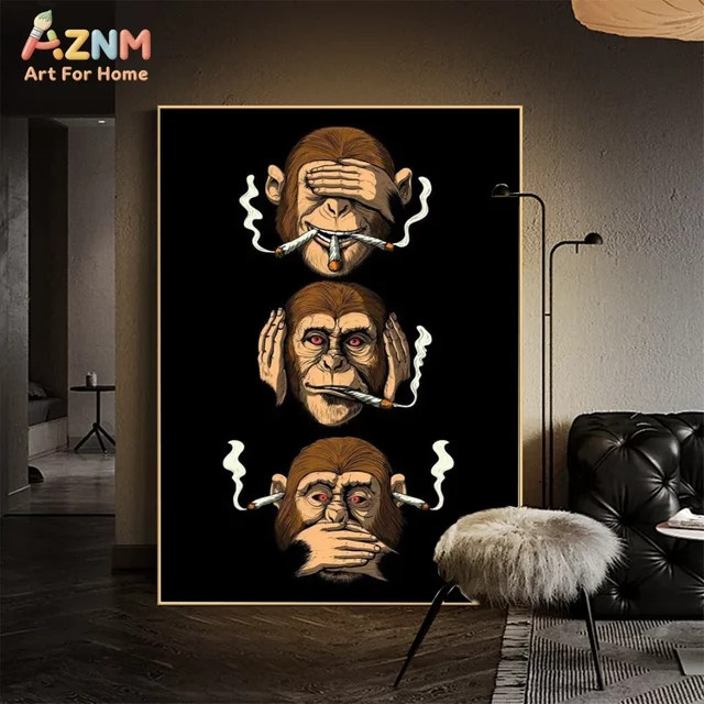 AZNM Wandkunst Leinwand Drei weise rauchende Affen Motiv mit Tierdruck in Mehrfarbig für dein Wohnzimmer und Schlafzimmer - Bild 1