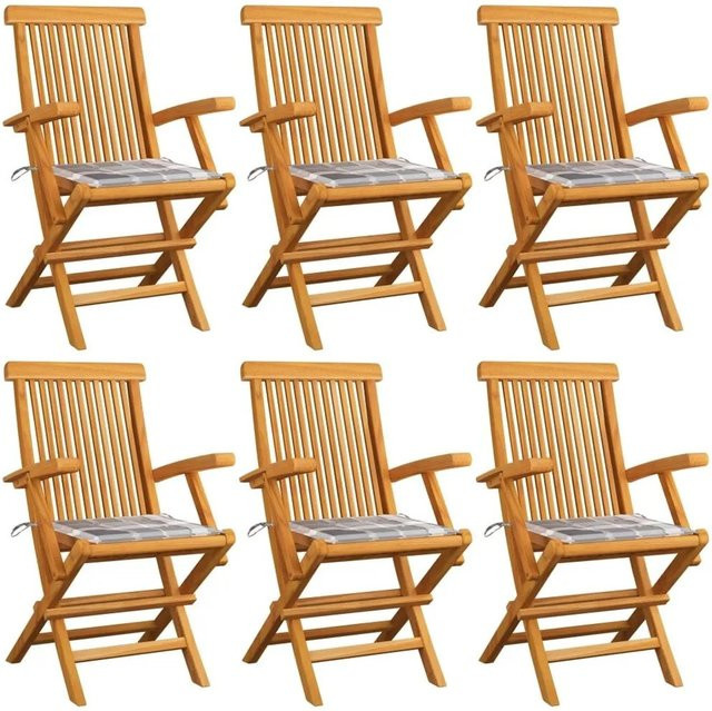 6er Set vidaXL Gartenstühle aus Teak-Massivholz mit grauen Karomuster-Kissen - Bild 1