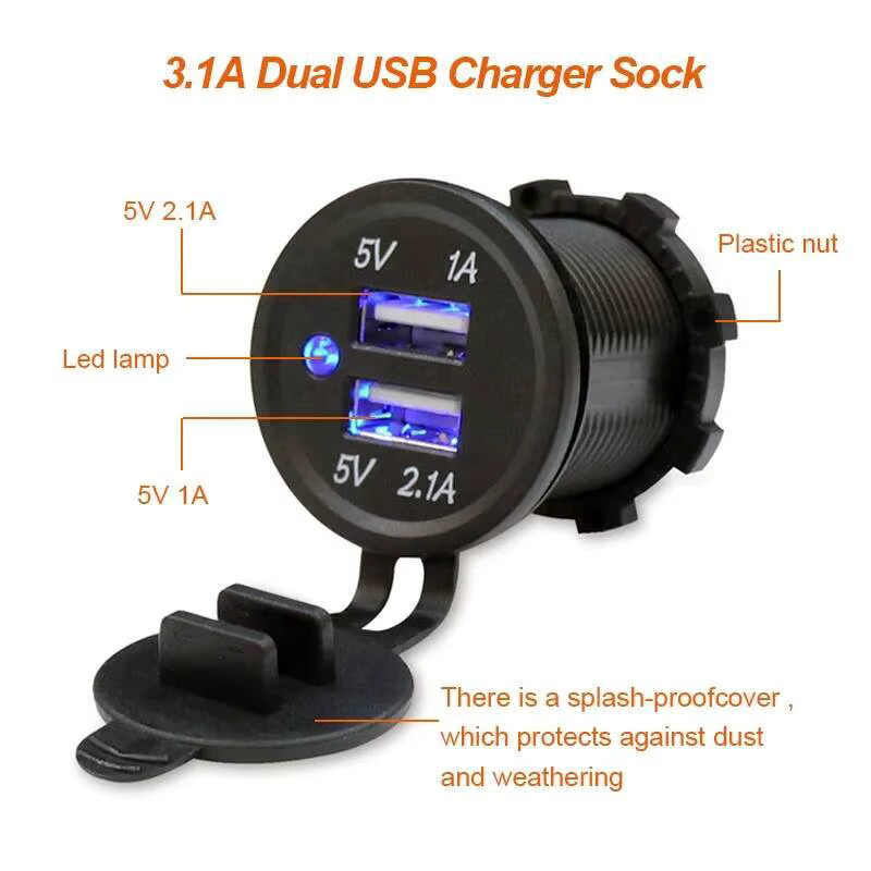 ONEGOL Dual-USB-Schnellladeadapter für Auto, Motorrad und Boot, wasserdichte Ladebuchse mit USB-A, 12/24 V, 5 V, 4,2 A, in Schwarz und Blau - Bild 2