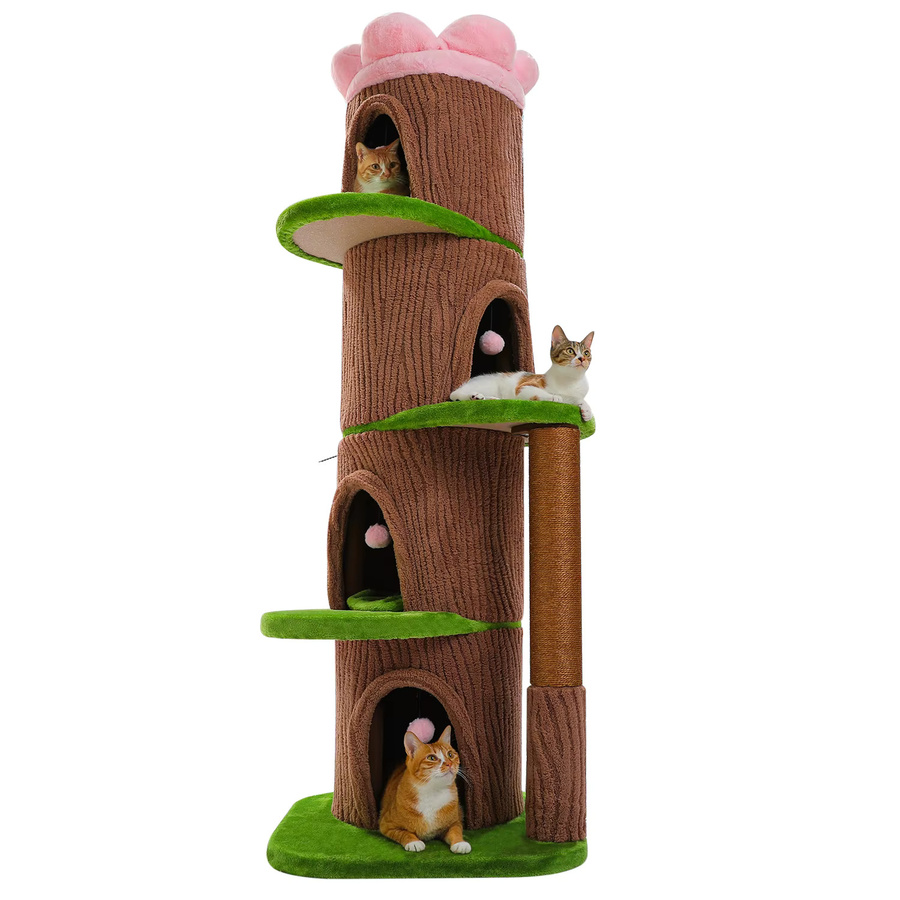 PEQULTI Katzenbaum mit Blumenkranz-Dachplattform und 4 gemütlichen Höhlen für große Katzen in rustikalem Design - Bild 6