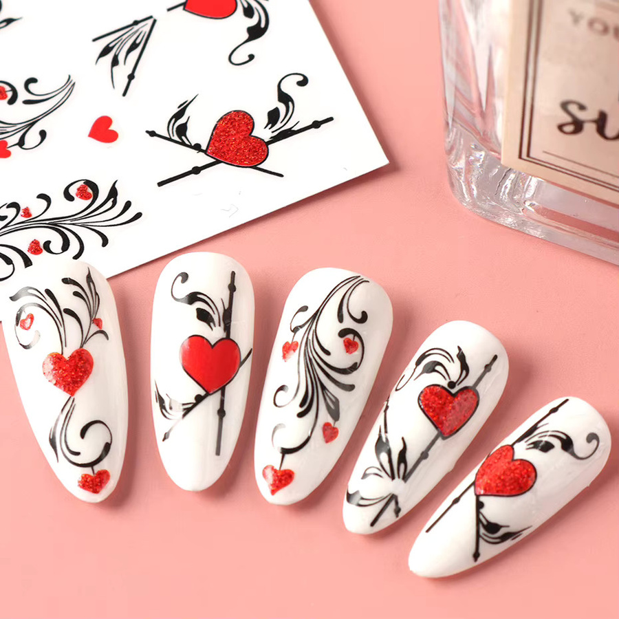 Full Beauty Nagelaufkleber Rote Herz-Blumen-Blatt-Ranken, Glänzend, 2 Stück - Bild 3