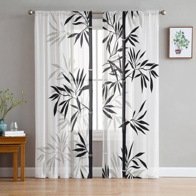 A Family Of Home Textiles Transparente Tüll-Vorhänge mit grünem Bambusblatt-Design, 2er-Set, Farbe: Grün/Transparent, Breite: 135 cm, Höhe: 114 cm - Bild 1