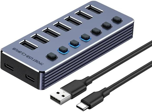 Meiteai USB 3.0 Hub 7-in-1 USB-A Splitter mit unabhängigen Schaltern und 12V Netzteil für PC, Laptop und Tablets - Bild 1
