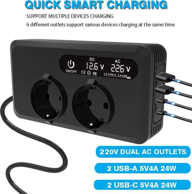 Kebidumei Auto-Wechselrichter 200W 12V auf 230V mit USB-C-Anschluss und Zigarettenanzünder-Stecker in Schwarz - Bild 1