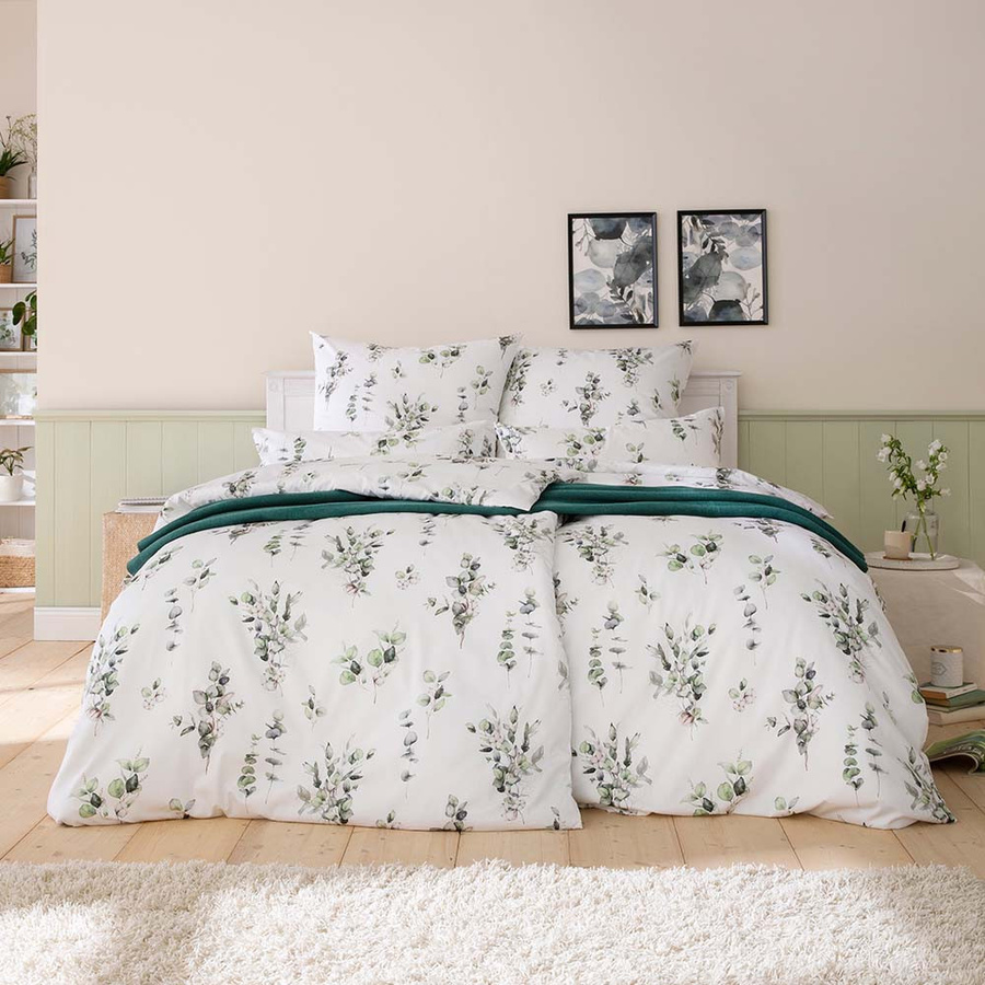 Estella Schweizer Premium Mako-Satin Bettwäsche Aamir Weiß Salbei Blätter mit Bettbezug und Kissenbezug B/H: 155 x 220 cm und 80 x 80 cm - Bild 1