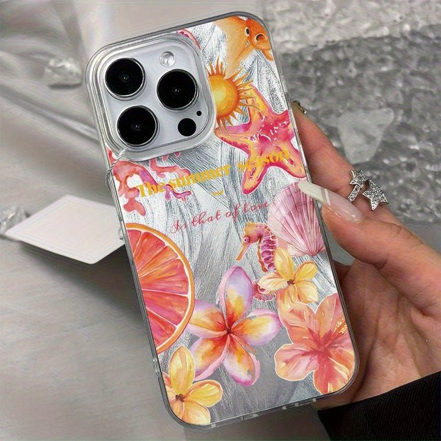 Apple iPhone Handyhülle aus silbernem TPU mit rosa Blumen- und Seepferdchen-Muster - Bild 1