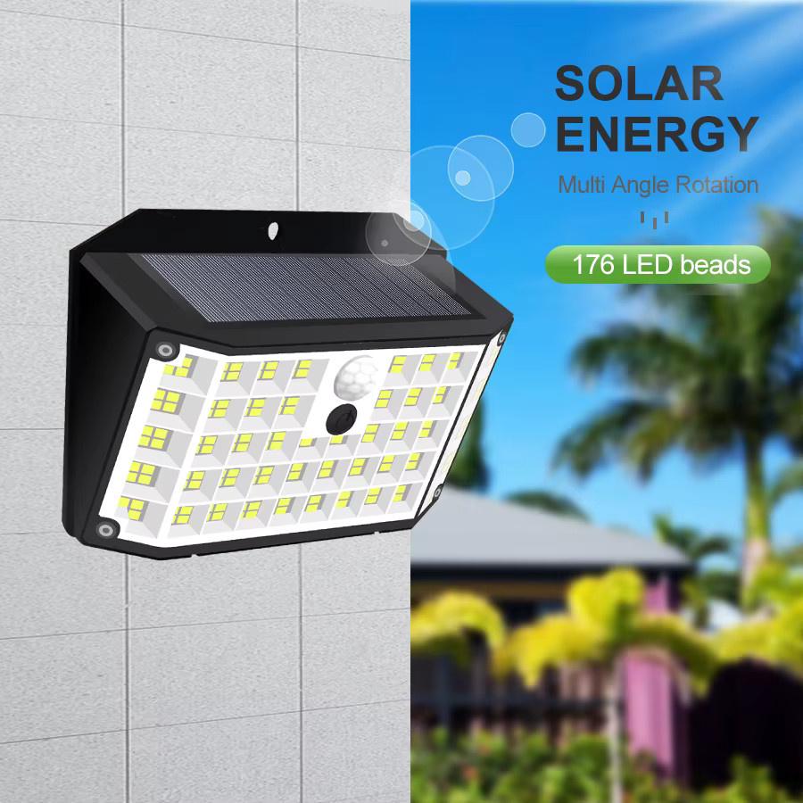 Solarbetriebene LED-Flutlichter mit 176 LEDs und Bewegungsmelder, wasserdichte Sicherheitswandleuchten für Garten und Außenbereich, weiß - Bild 4