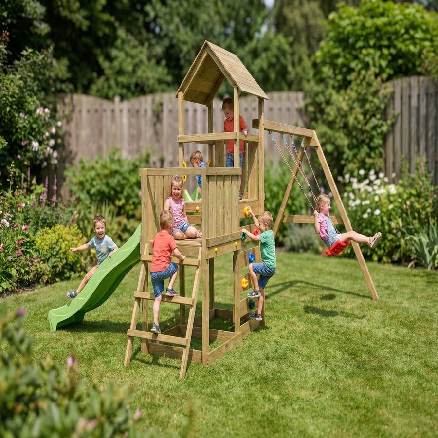 MaxPlay Holzklettergerüst mit zwei Spieltürmen, Doppelschaukel und Rutsche, mit Holzdach - Bild 2