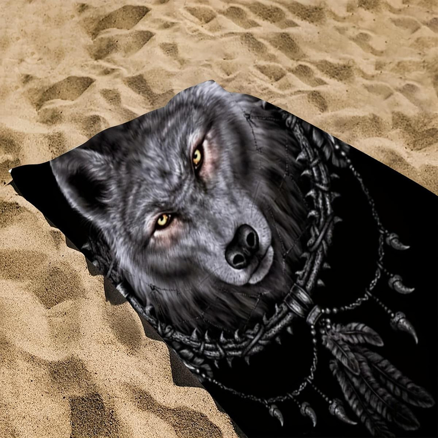 Wolfskopf Traumfänger Strandtuch aus Mikrofaser im Tribal Boho Design, schnelltrocknend und sandfrei, B: 40 cm, H: 60 cm - Bild 3