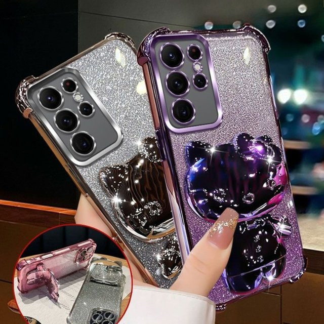 Hello Kitty Handyhülle mit Glitzer-Spiegel und Ständer für Samsung S26 Ultra, S25 Edge, S24 und S23 Plus FE in Lila mit Eckenschutz - Bild 1