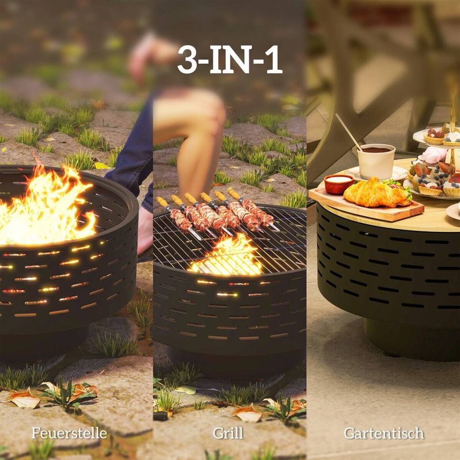 Outsunny 3-in-1 Feuerschale aus Edelstahl mit Grillrost und Funkenschutz in Holzoptik, Kohlegrau, B/H/T: 60 x 39 x 60 cm - Bild 5