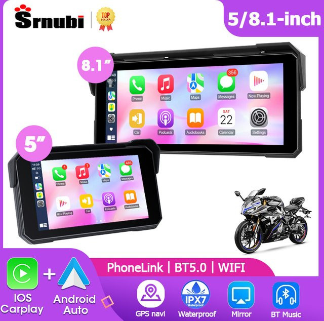 Srnubi Motorrad GPS Navigator mit 5,8 Zoll Display, Wireless CarPlay und Android Auto, Bluetooth tragbares Auto Stereo in Schwarz - Bild 1
