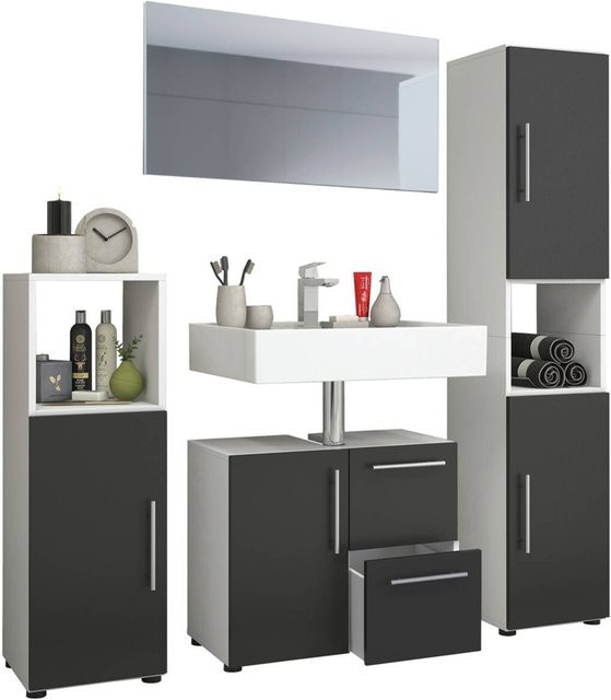 VCM Badmöbel-Set Flandu modern in Schwarz-Weiss mit Waschtischunterschrank, Hochschrank und Spiegelschrank B/H/T: 61 x 51 x 32 cm - Bild 4