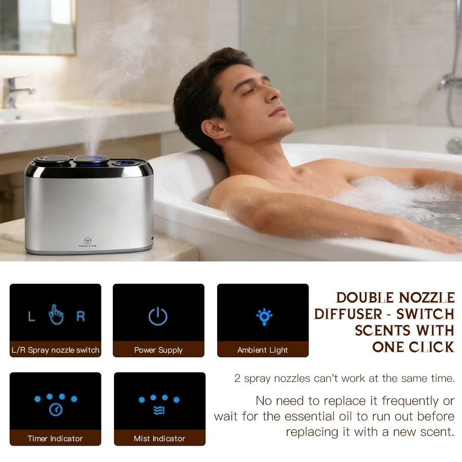 NAMSTE Dual-Düsen-Aroma-Diffusor in Silber, elektrischer Duftspender mit Bluetooth-Steuerung für ätherische Öle, ohne Wasser, 4000 mAh, 100 m³ - Bild 4