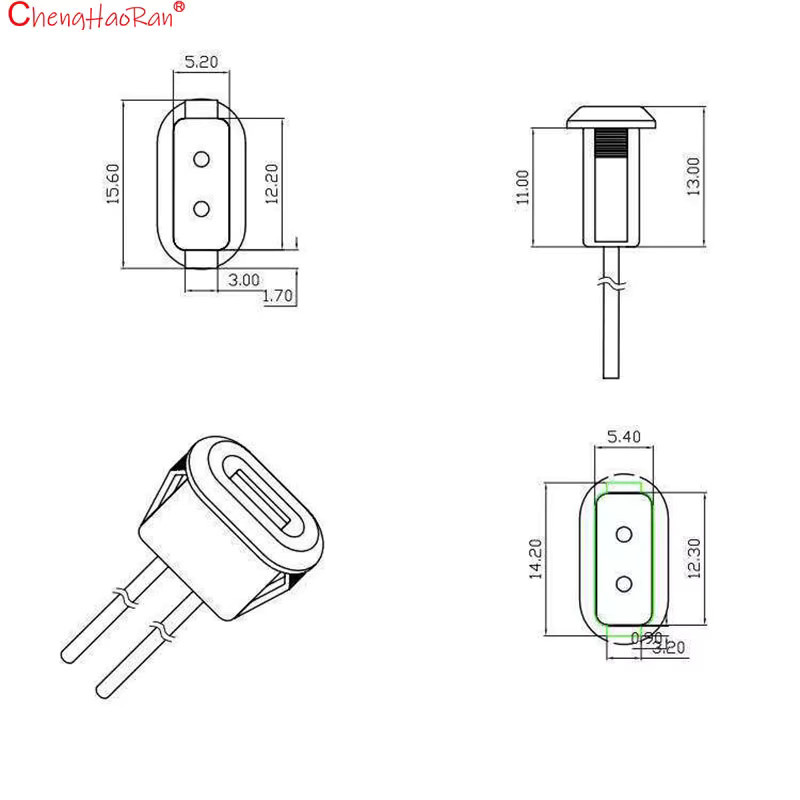ChengHaoRan USB-C Buchse mit PH2.0 Anschluss, elliptischer wasserdichter Lötanschluss USB-Basis-Stecker in Schwarz - Bild 3