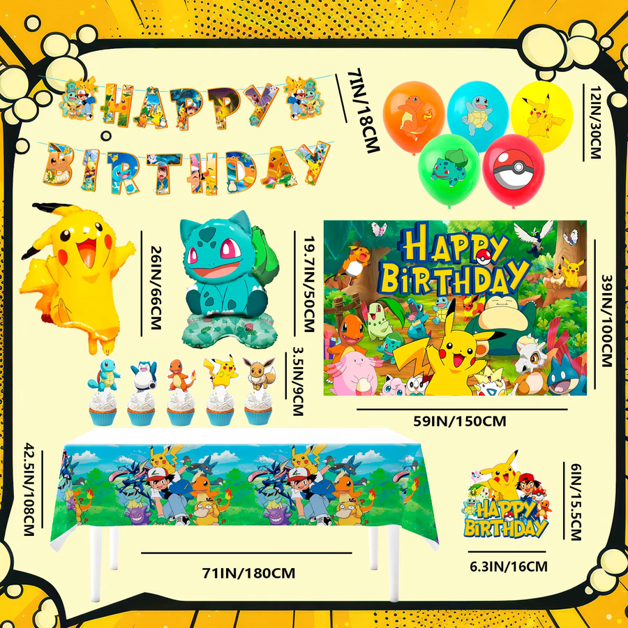 Potdemiel 38-teiliges Pokemon Geburtstagsparty Dekorationsset in Mehrfarbig mit Ballons, Banner, Kuchendekoration und Hintergrund für Kinder - Bild 4
