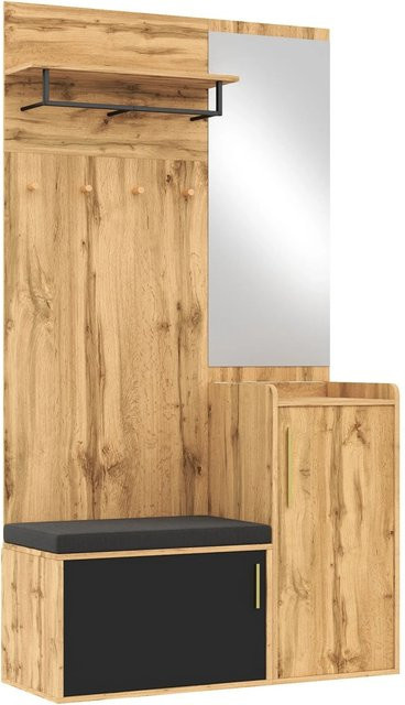 okwish Garderoben-Set für den Flur mit Kleiderschrank, Spiegel, Sitzbank und Schuhregal, Natur, B/T/H: 100 x 38 x 185 cm - Bild 1