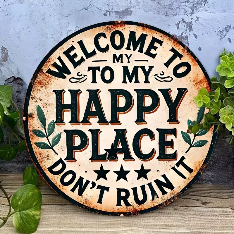Potdemiel Vintage-Metallschild Welcome to My Happy Place Wanddekoration Schwarz B: 20,3 cm, H: 30,5 cm - Bild 3