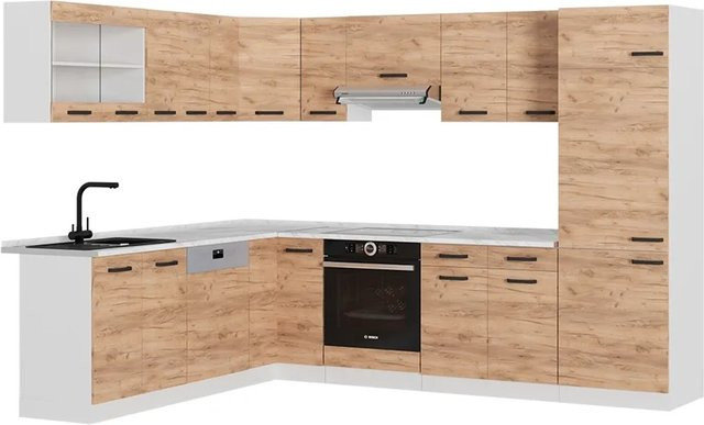 Vicco R-Line Eckküche Goldkraft Eiche/Weiß mit Marmor-Optik, B/T/H: 227 x 287 cm - Bild 1