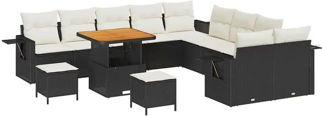 vidaXL Garten-Sofa-Set 13-teilig aus Poly-Rattan und Akazienholz in Schwarz-Creme mit Polstern - Bild 1