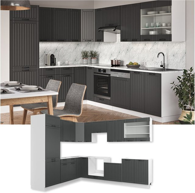 Vicco Küchenzeile Fame-Line Eckküche im Landhausstil, Anthrazit und Weiß, B: 227 cm, T: 60 cm, H: 82 cm - Bild 1